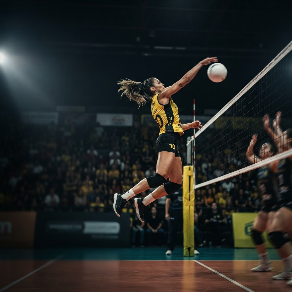 Atleta em movimento durante um ataque de vôlei